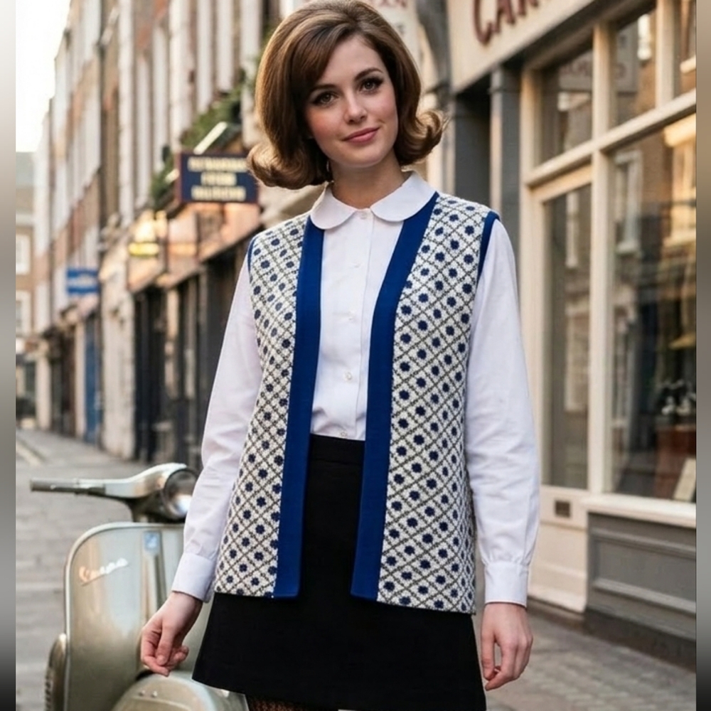 Vintage 60s Mod Geometric Knit Vest Blue White Fair Isle Style Mid-Century